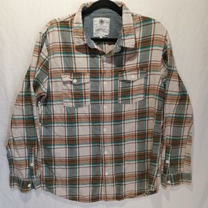 On The Byas Long Sleeve Button-up Plaid Shirt. Large. Orange And Green.